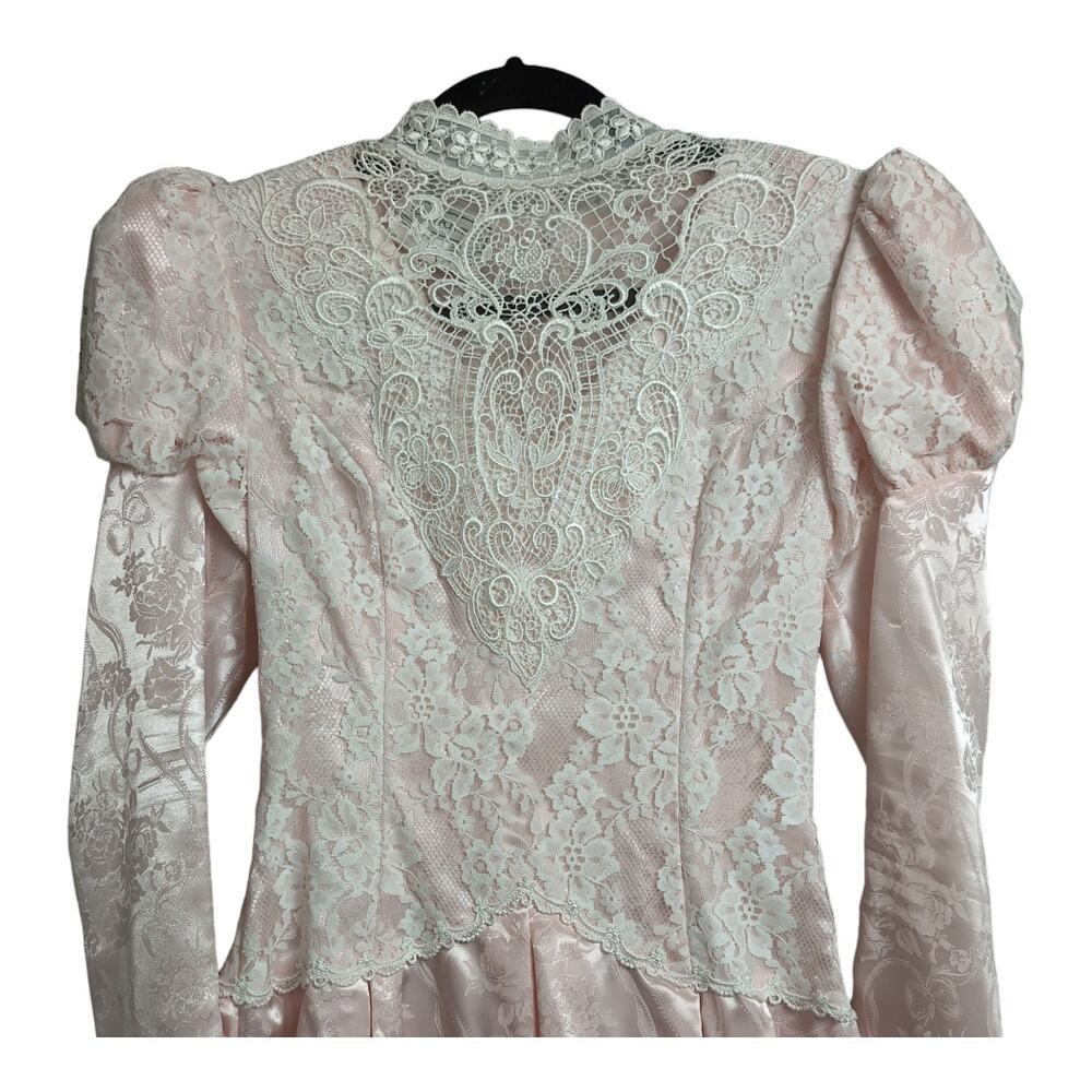 Vintage 80's Scott McClintock Pink Ivory Lace Victorian Style Dress High Neck 6 - Picture 3 of 13